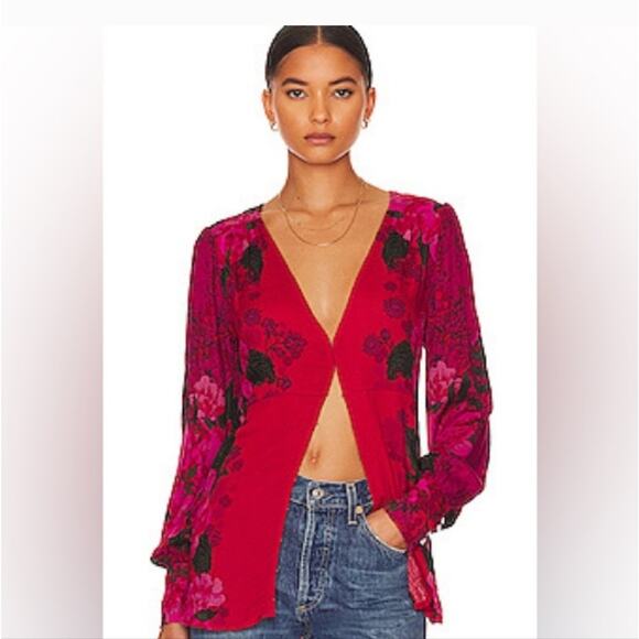 Free People Tops - Free People Mikayla Red Floral Long Sleeve Boho Tunic Blouse Top Sz M